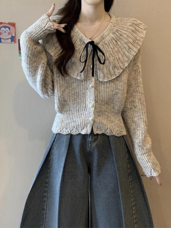 法式气质娃娃领毛衣外套女2025秋冬新款蝴蝶结气质收腰针织开衫潮|undefined