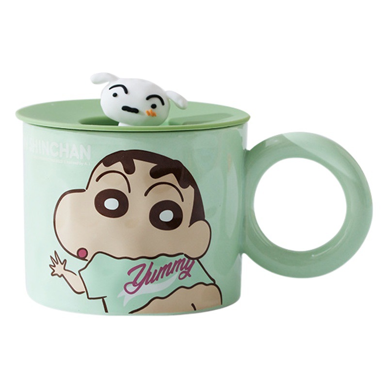 Taza de agua de la marca Crayon Shin-chan, taza de café creativa para estudiantes, taza de exportación de dibujos animados con tapa, taza de cerámica para el hogar