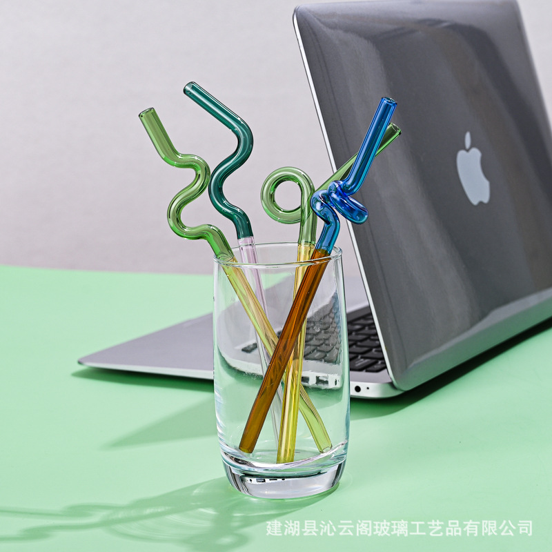 Paja de vidrio de color en forma de japonés lindo resistente a altas temperaturas creativo color a juego bebida de leche caliente paja curvada