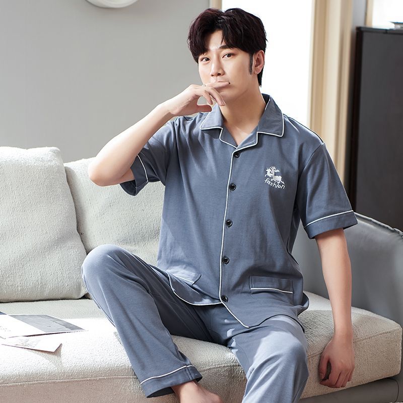 Pijamas pantalones de manga corta para hombres algodón verano delgado cardigan solapa ropa para el hogar más traje de tamaño