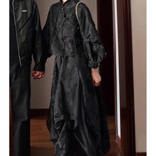 今年流行漂亮套装裙新中式国风改良黑色印花盘扣上衣半身裙两7020