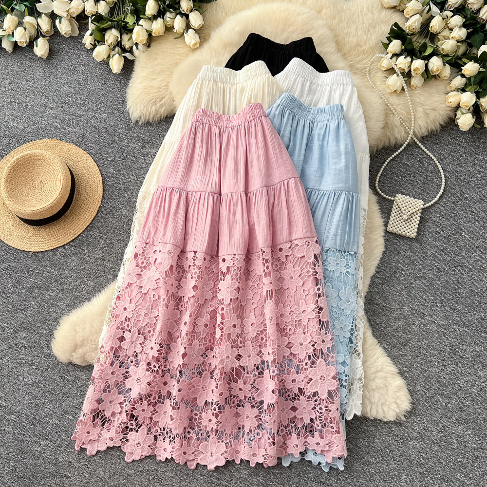 Damen A-linien Midirock Mit Spitzen-einsätzen Und Blumenmuster_voghion.com