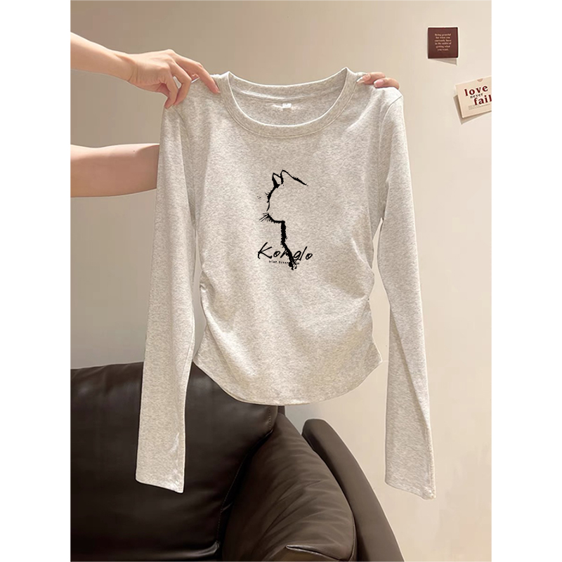 白灰色圆领正肩长袖T恤春季2025新款两侧褶皱收腰修身内搭打底衫