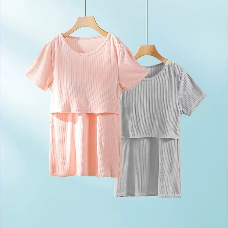 Breastfeeding Top Short-sleeved Going Out Wearing Half-sleeved Breastfeeding T-shirt Pregnant Women's Pajamas Moneywear Single-piece Summer Thin Summer Clothes