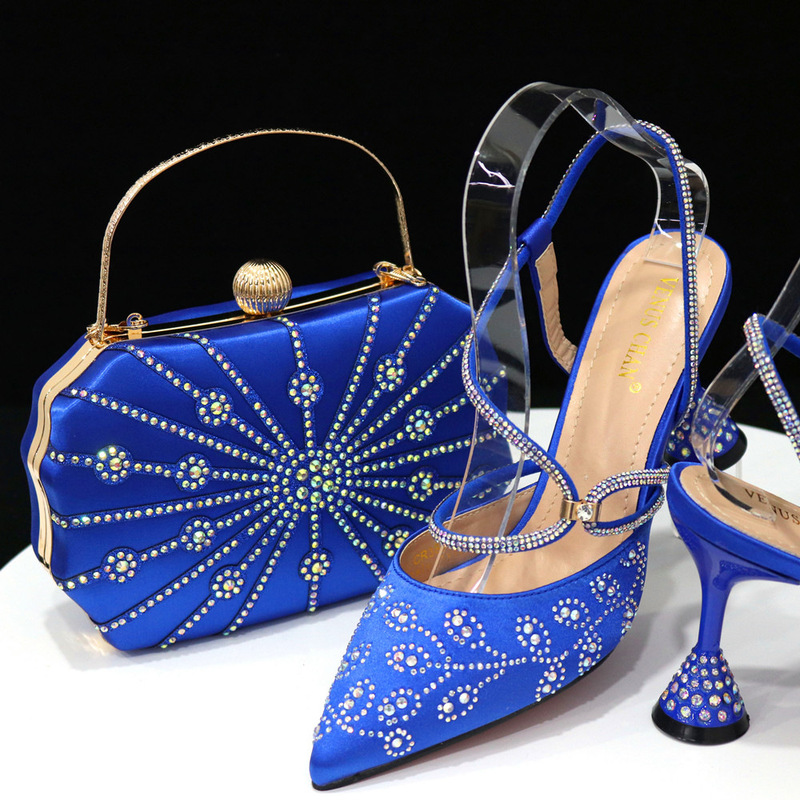 African Royal Blue Square Box Handbag Hollow Diamond Flower with Thin Heel Women's Point Toe Sandals Wedding Shoes