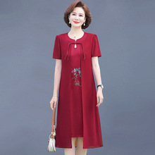 妈妈夏装新中式国风改良旗袍雪纺连衣裙气质高贵中老年假两件裙子