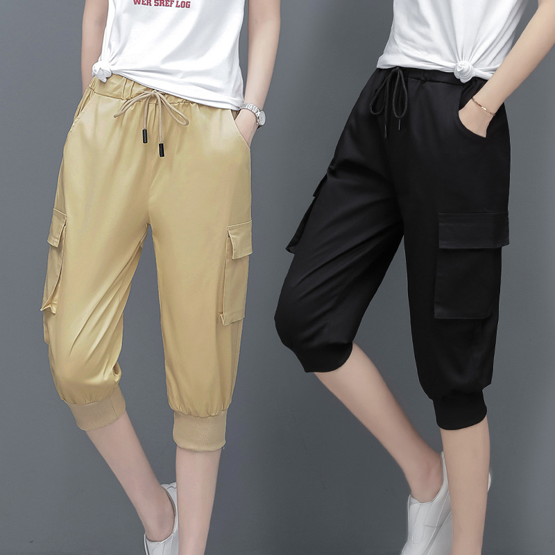 Pure Cotton Stretch Workwear Jogger Pants for Women, Summer Drawstring Elastic High-Waisted Multi-Pocket Sweatpants Pure Cotton Stretch Workwear Jogger Pants for Women, Summer Drawstring Elastic High-Waisted Multi-Pocket Sweatpants