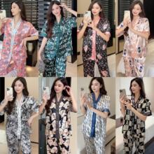 印尼泰国热销款冰丝睡衣女士夏天和服领短袖长裤卡通套装厂家直销