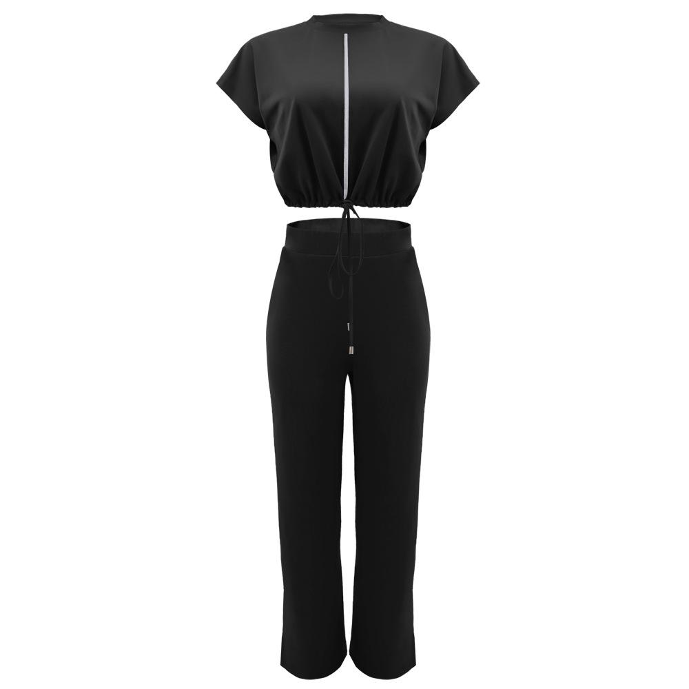 Summer Drawstring Short Top High Waist Slit Women Trousers Two Piece Suit 6 Summer Drawstring Short Top High Waist Slit Women Trousers Two Piece Suit