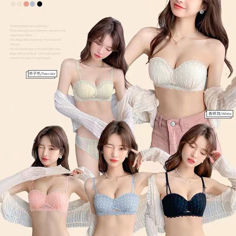 Ropa interior japonesa con top de tubo sin anillo de acero, encaje recogido, modelos delgados de niña, dos tipos de sujetadores franceses, senos pequeños, grandes