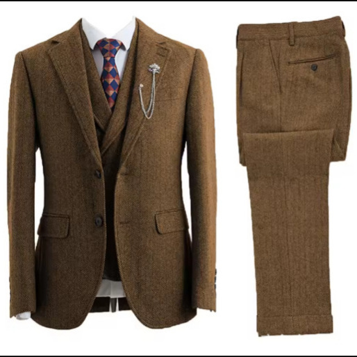 Men's Suit Set 2026 New Style Men's Business Suit Three-Piece Set Export Men's Herringbone Pattern Suit