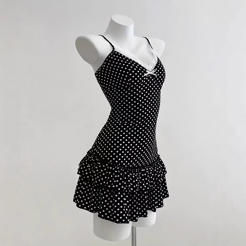 European and American Instagram-Style Sweet Mini Dress with Fashionable Polka Dots, Bow Tie, Waist-Cinching Lace, Amazon Y2K Spaghetti Strap Dress