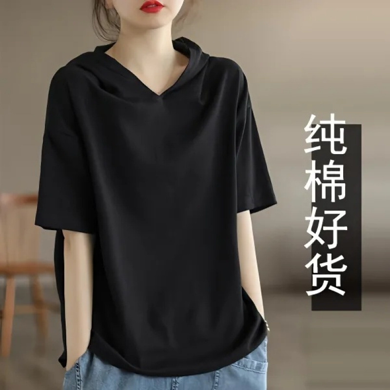 Pure Cotton Hooded Short-Sleeved Women's Summer New Style Hooded Bottoming Shirt Outer Wear Pure Color T-Shirt Large Size Women's Top