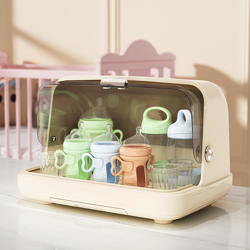 Caja de almacenamiento para biberones de bebé, caja de almacenamiento a prueba de polvo con cubierta, estante de secado para platos de bebé, taza de agua, estante de drenaje