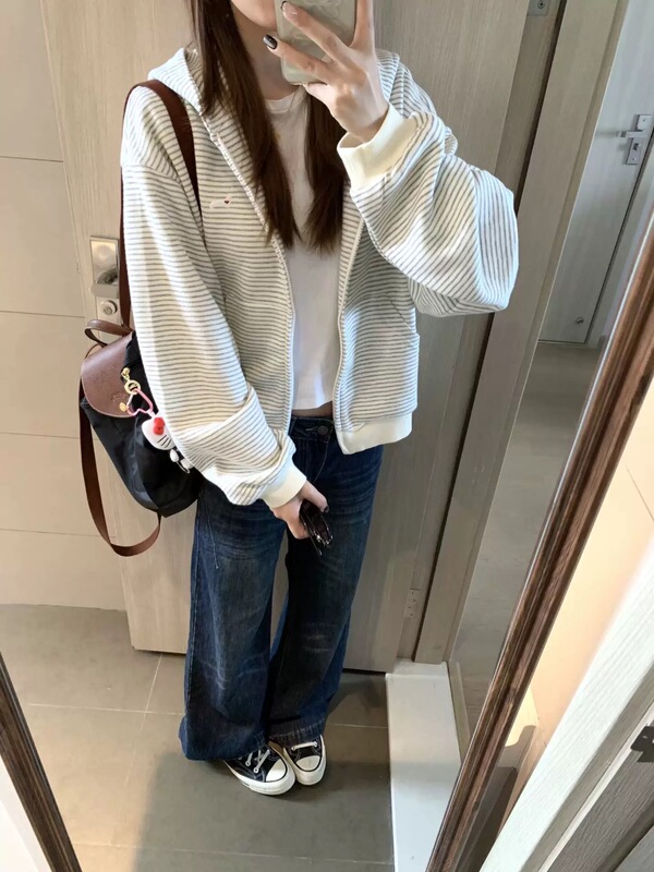 美式复古慵懒风条纹连帽卫衣女秋季2025新款小狗刺绣拉链开衫外套|undefined