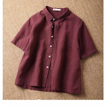 新款亚麻薄款纯色复古短袖衬衫上衣女西装领短款小个子短款高级感