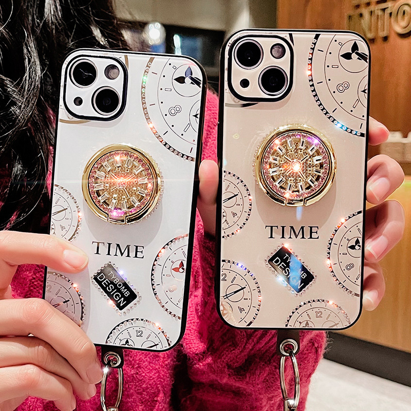 Diamond-Encrusted Clock Case Suitable for Apple 17 Phone Case, iPhone 12 Pro with Stand, XS Max with Lanyard, 11 Protective Case