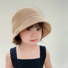 Children's Grass Hat Korean Version Trendy Summer Breathable Smiling Label Boys and Girls Sun Bucket Hat Plain Color Fisherman Hat Bowl Hat