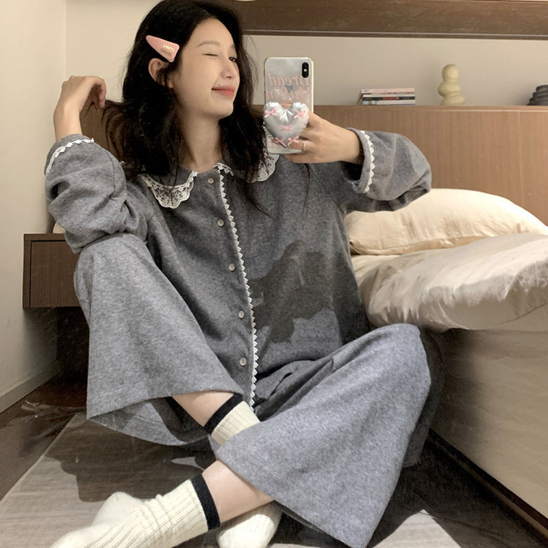 100% Cotton Pajamas for Women Spring and Autum Long-Sleeved Korean Style Cotton Home Clothes Set Ins Student Summer Confinement Clothes Winter