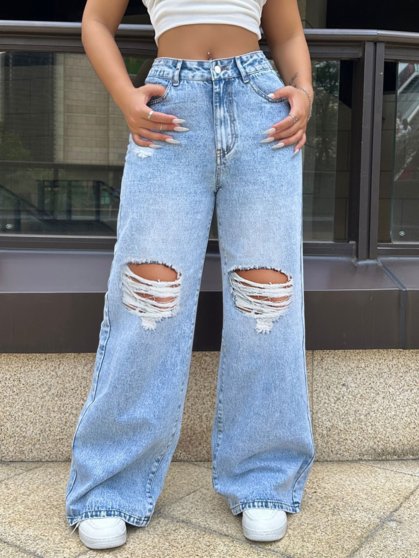Jeans de Pierna Ancha con Rotos para Mujer de Mezclilla, Corte Relajado, para Uso Casual image 7