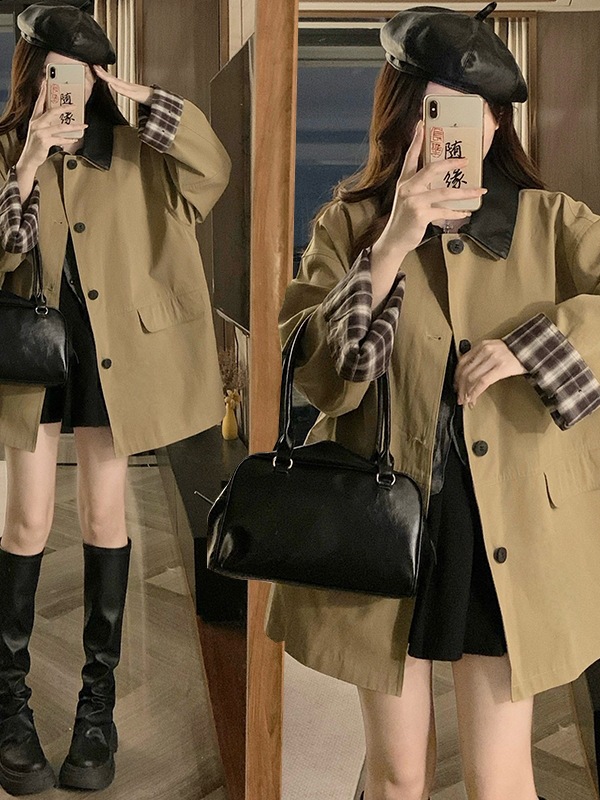 Real Shot of Korean-Style Color-Block Khaki Mid-Length Trench Coat for Women, Autumn Loose Fit, Petite British Style Coat