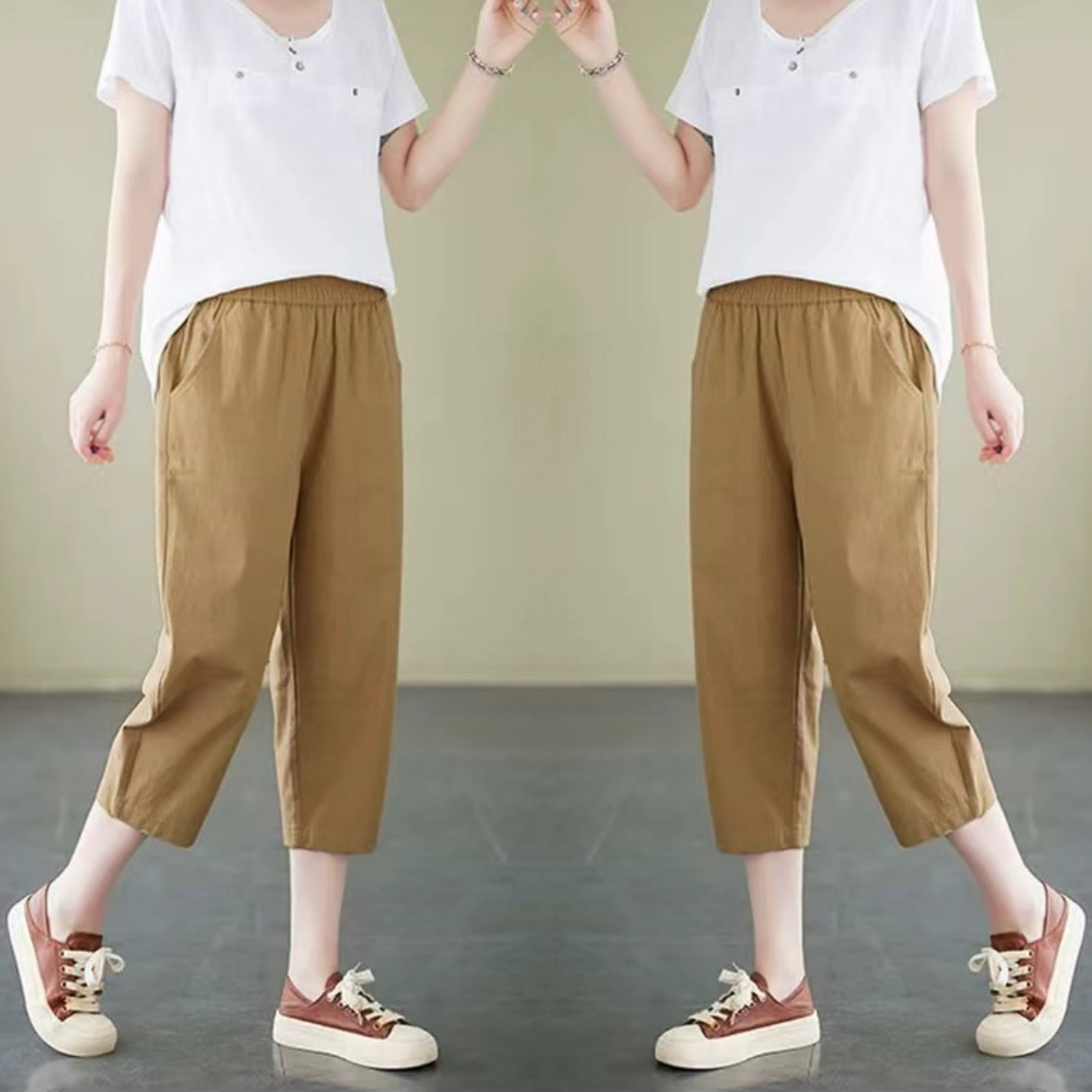 纯棉麻夏季薄款七分裤大码2024纯色休闲高腰文艺宽松显瘦哈伦裤女