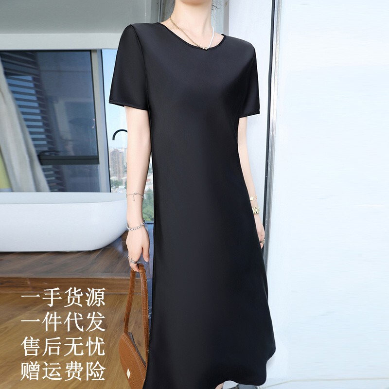 Summer New French Acetate Dress High-End Long Skirt Satin Black Short-Sleeved Round Neck Mid-Length Skirt
