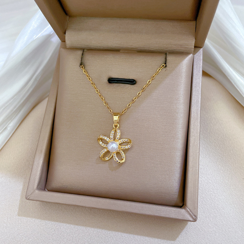 Wunderschöne Perlenkette Mit Fünfblättriger Blume Aus Titanstahl_voghion.com