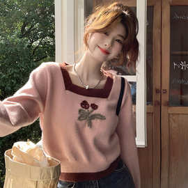 2025新款粉色毛衣女秋冬温柔高级感慵懒风针织打底衫内搭短款上衣