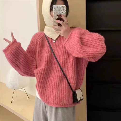 YUNSHU糖果色套头毛衣女2024秋冬日系复古纯色粗线慵懒风针织上衣