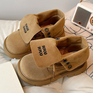 Children's Martin Boots Explosions Girls Rhubarb Boots 2024 Autumn and Winter New Boys Boots Lapel British Fan Car Boots