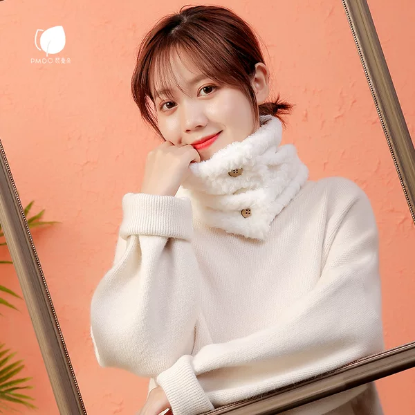 Camanduo Japanese style fleece-lined thickened winter scarf plush pineapple Plaid embossed solid color all-match fur collar scarf for women