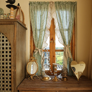 Country retro green plaid linen grandmother style Plaid curtain door curtain half curtain rod hook Velcro fixed