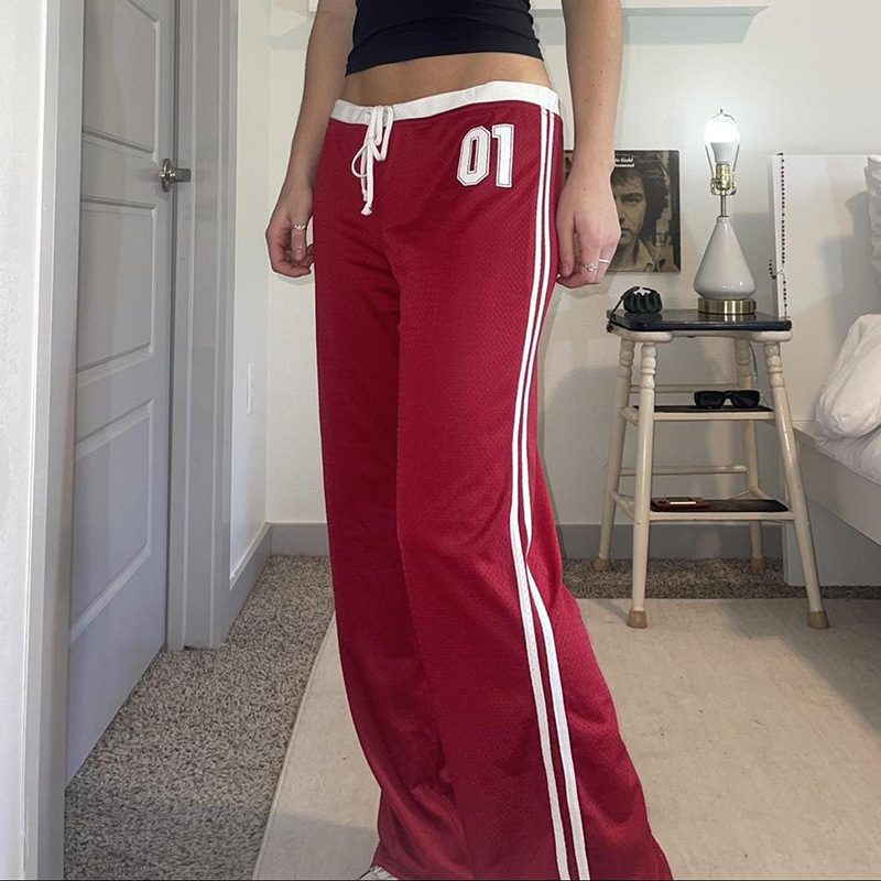 Lässige, gestreifte Hosen mit Straßenaufdruck für Damen im neuen Stil 2024 mit kontrastierenden, lockeren Schnürsenkeln und vielseitigen Hosen_voghion.com