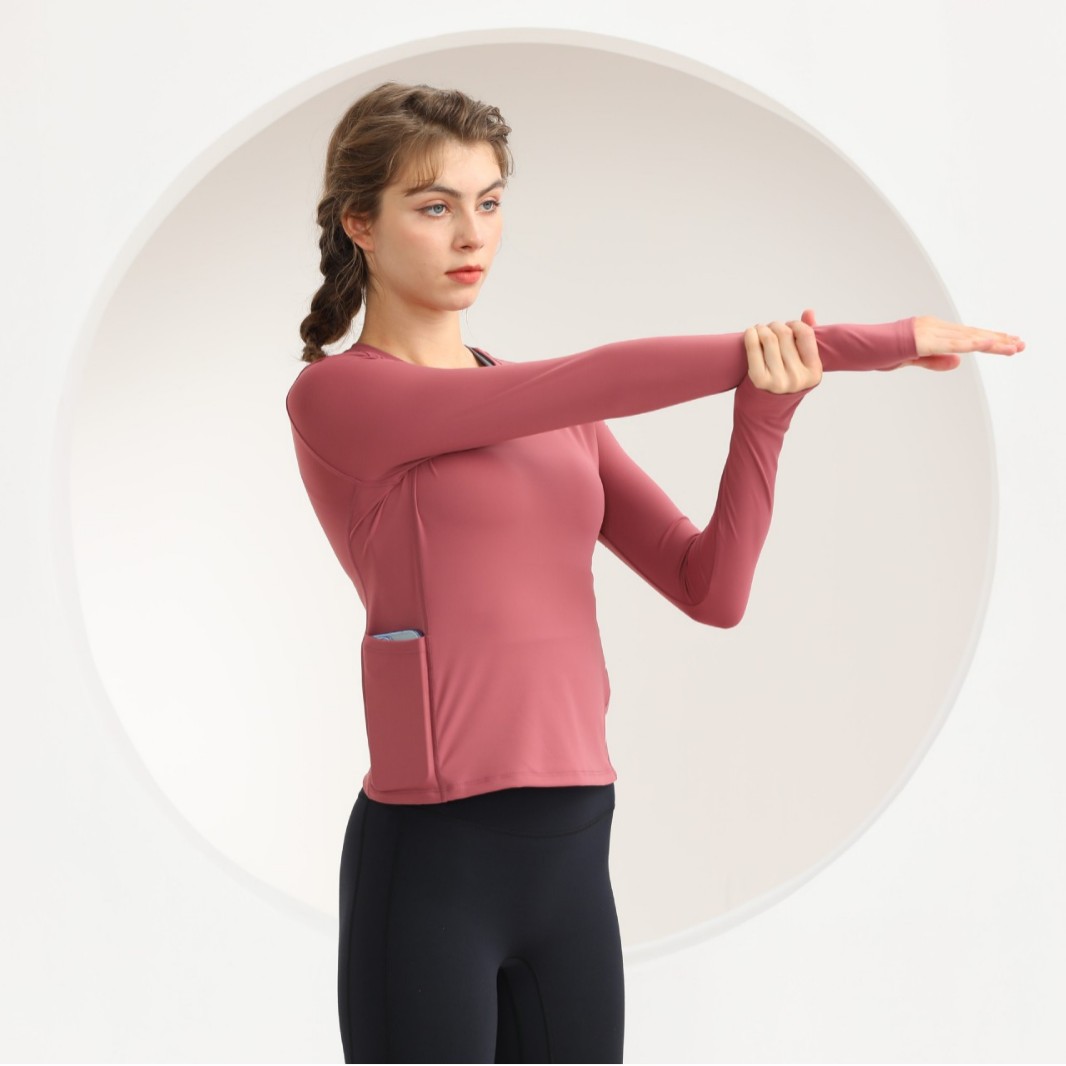 Yoga Wear Women's Round Neck Long-Sleeved T-Shirt Fitness Sports Pure Color Running Outer Wear High Elastic Cycling Fitness Wear Tops for Women