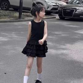 女童2026棉夏季新款黑色连衣裙女孩夏季中大童色无袖背心蛋糕裙