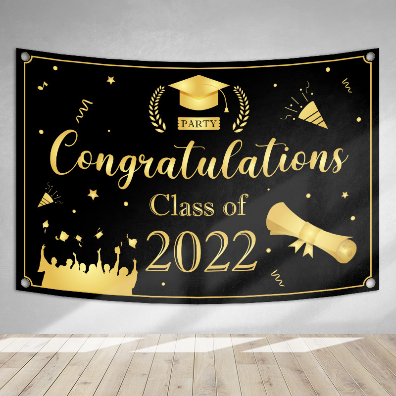 Banner de cartel de temporada de graduación transfronteriza nueva tela colgante fiesta de graduación decoración de fiesta impresión creativa tela de fondo de oro negro image 7