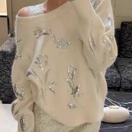 针织衫女春秋新款慵懒风重工花卉亮片刺绣软糯宽松长袖上衣韩版