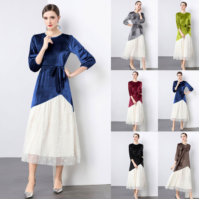 2026 Cross-Border Foreign Trade Real Shot In-Stock French-Style Elegant Lace Sequin Patchwork Velvet Long Dress