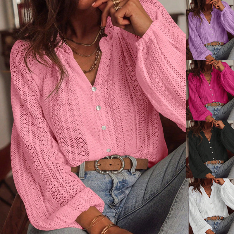2025 Cross-Border Amazon Spring and Autumn New Style Loose Fashion Versatile Hollow Lace V-Neck Single-Breasted Long-Sleeve Shirt 2025 Cross-Border Amazon Spring and Autumn New Style Loose Fashion Versatile Hollow Lace V-Neck Single-Breasted Long-Sleeve Shirt