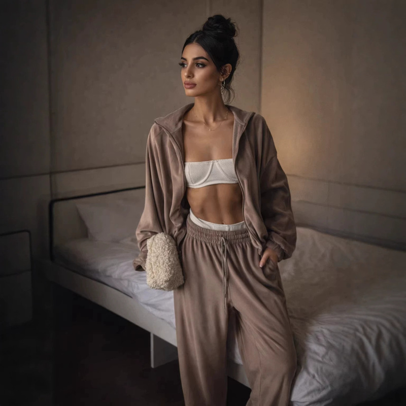European and American Cross-Border Foreign Trade New Casual Women's Suit Solid Color Long-Sleeved Zipper Cardigan Jacket and Sweatpants Two-Piece Set