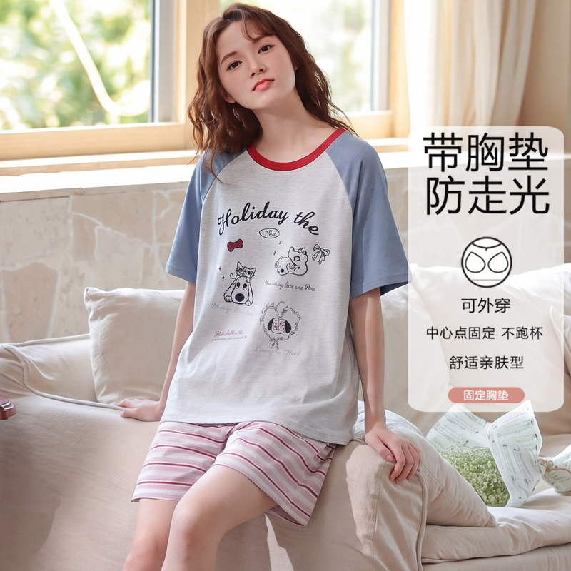 100% Pure Cotton Summer Short-Sleeved Shorts Pajama Set for Women with Built-In Chest Pads, Thin and Cute Cartoon Home Wear 100% Pure Cotton Summer Short-Sleeved Shorts Pajama Set for Women with Built-In Chest Pads, Thin and Cute Cartoon Home Wear