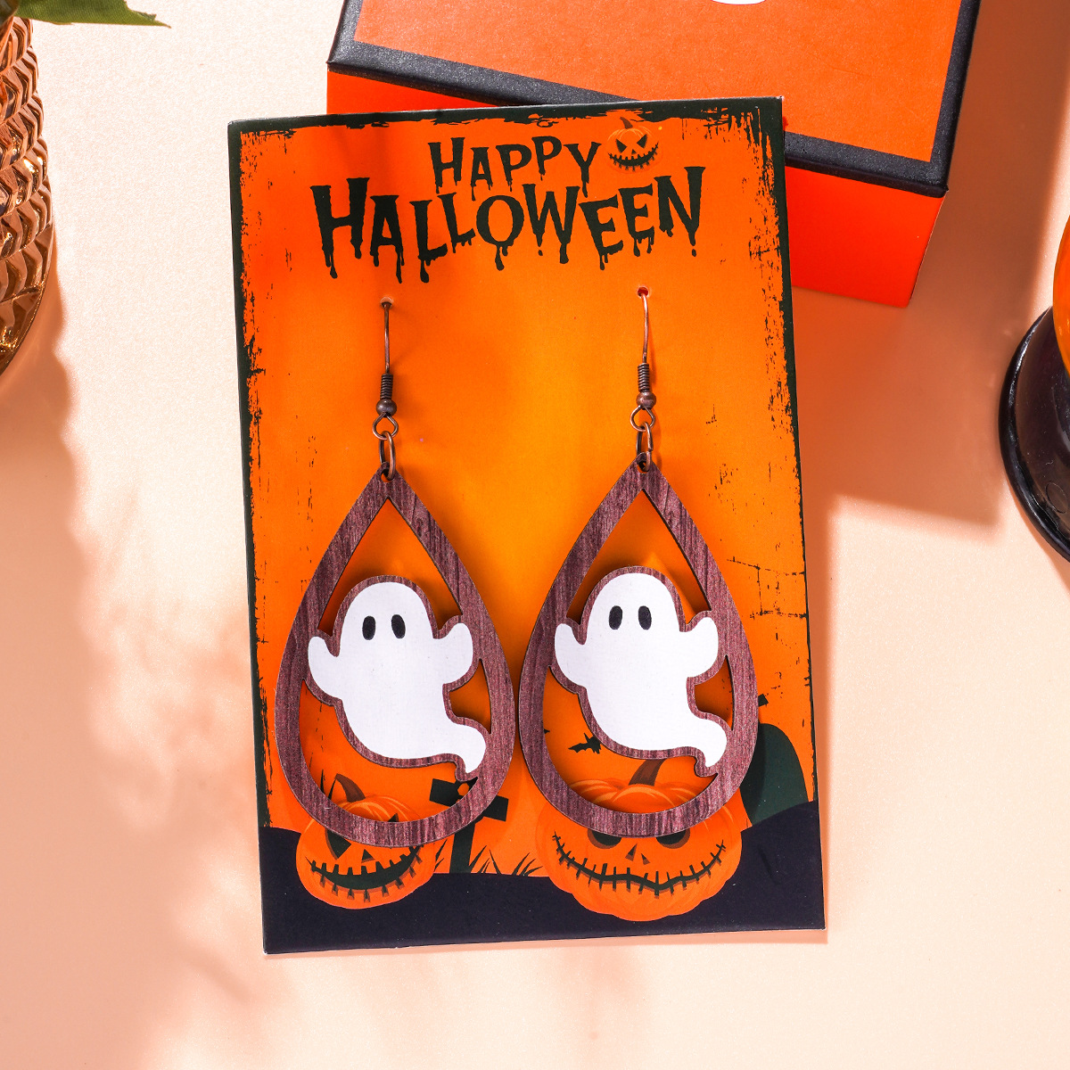 14g Weight Iron Ear Needle Material Drop Earrings Classification 1 Pair Quantity Party, Festival, Street Occasion Wood Material Halloween Festival ghost, Spider, Skull Pattern Women's Gender Hip-Hop, Funny Style 1 Pair Halloween Hip-Hop Funny Ghost Spider Skull Wood Drop Earrings 3