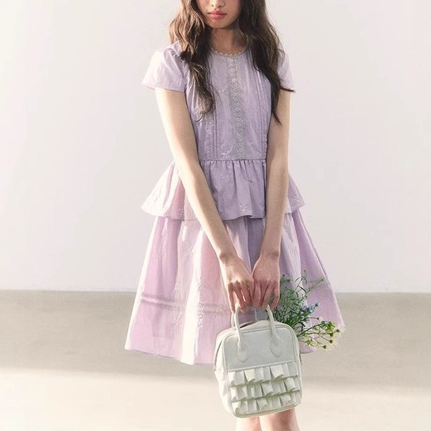 Lavender Sweet Short Sleeve Doll Dress Summer Heavy Embroidered Bow dress/suit