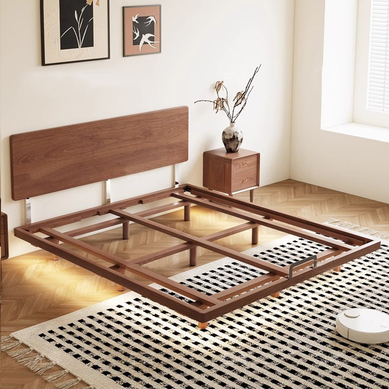 Cama de nogal nórdico de madera maciza pura con cabecera muy delgada, nuevo marco de fila de madera de haya, cama suspendida de apartamento pequeño minimalista moderno