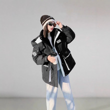 平湖冬季撞色加厚羽绒服外套休闲时尚炸街羽绒服女网红中款潮连帽