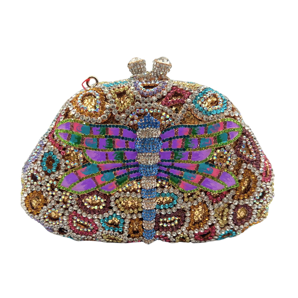 Túi clutch dạ tiệc đính đá thủ công họa tiết chuồn chuồn — Màu tím hồng, Vàng cà phê, Đen xám bạc, Màu xanh lục