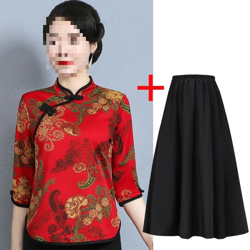 Single/Set New Chinese Style Improved Cheongsam Collar Top Mother's Dress Western Style Shirt Versatile Half Skirt