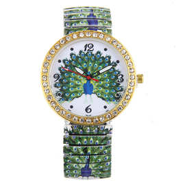 热销弹力表带时尚孔雀图案印花手表弹簧带女士手表休闲时装手表女
