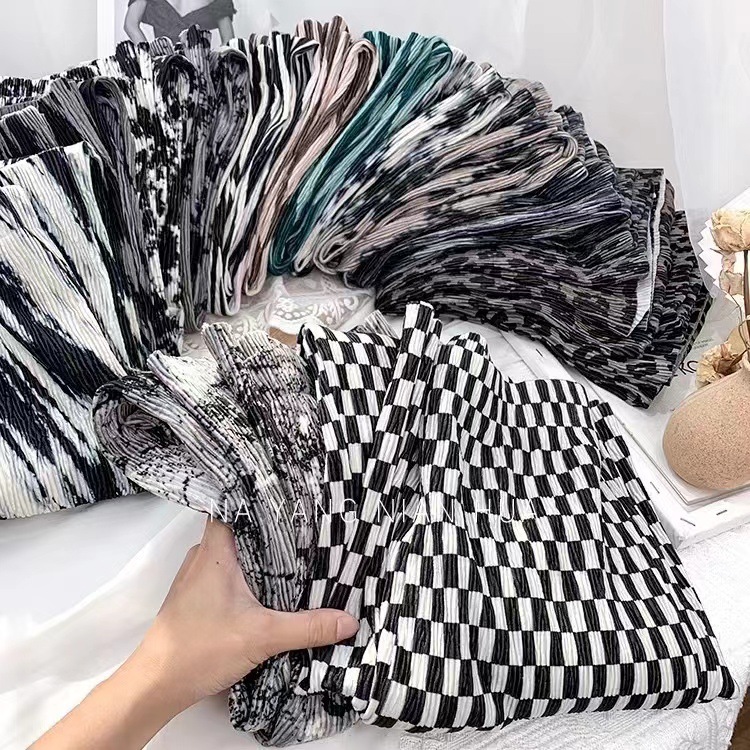 水墨扎染印花灯芯丝绒百褶阔腿裤女拖地休闲裤印花秋冬压褶面料